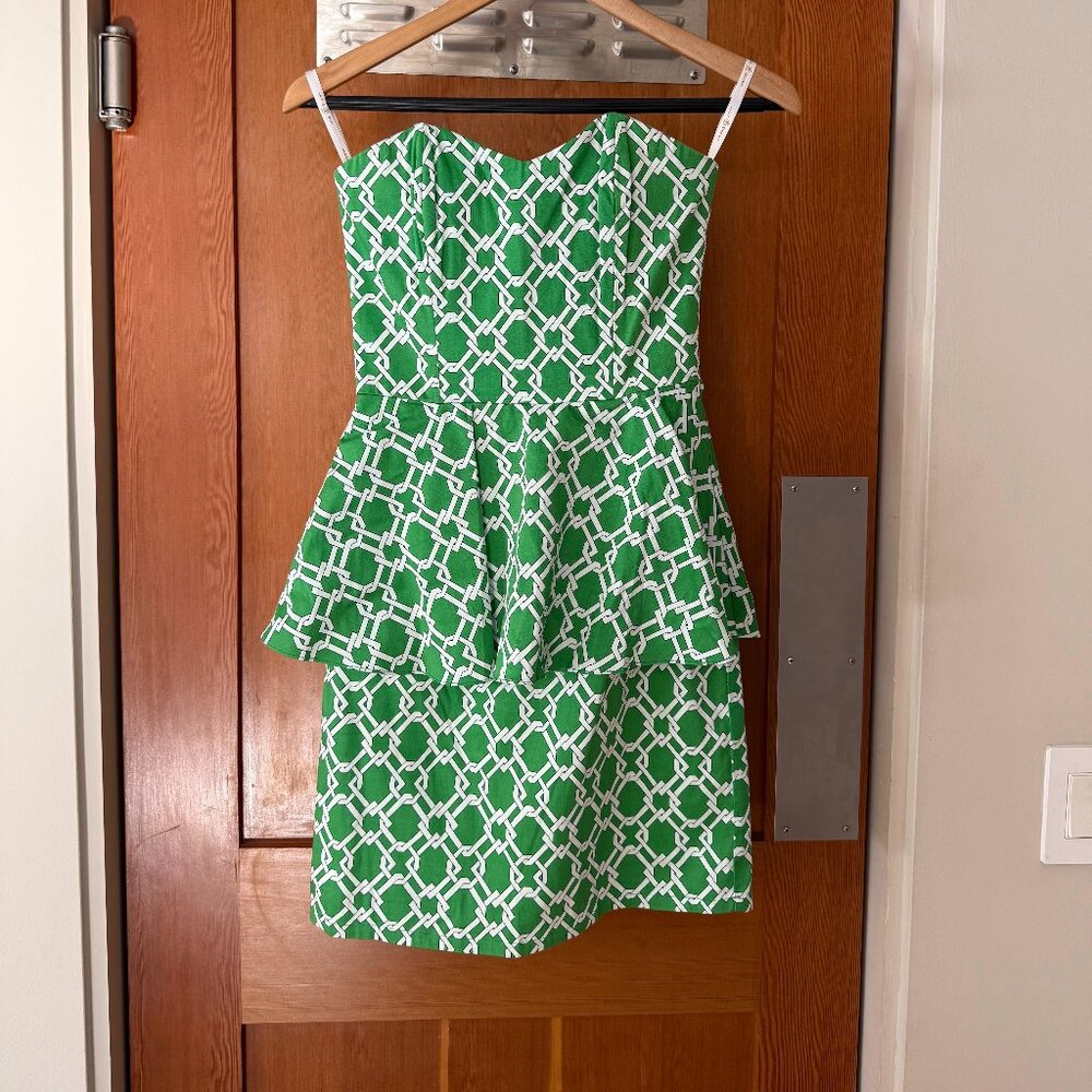 Julie Brown Green Geometric Peplum Dress – Excellent Condition